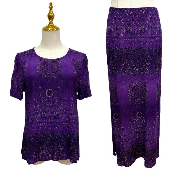 VINTAGE Carole Little Purple Crinkled Rayon Paisley Skirt & Top Set size 10P - Picture 1 of 14